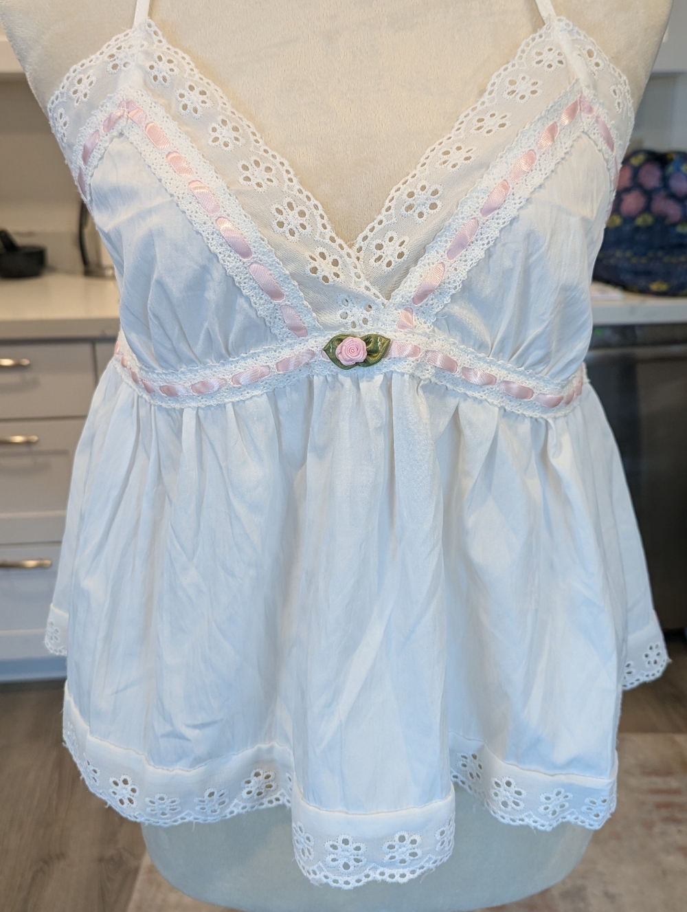 White Baby Doll Cami with Pink Ribbon Accent